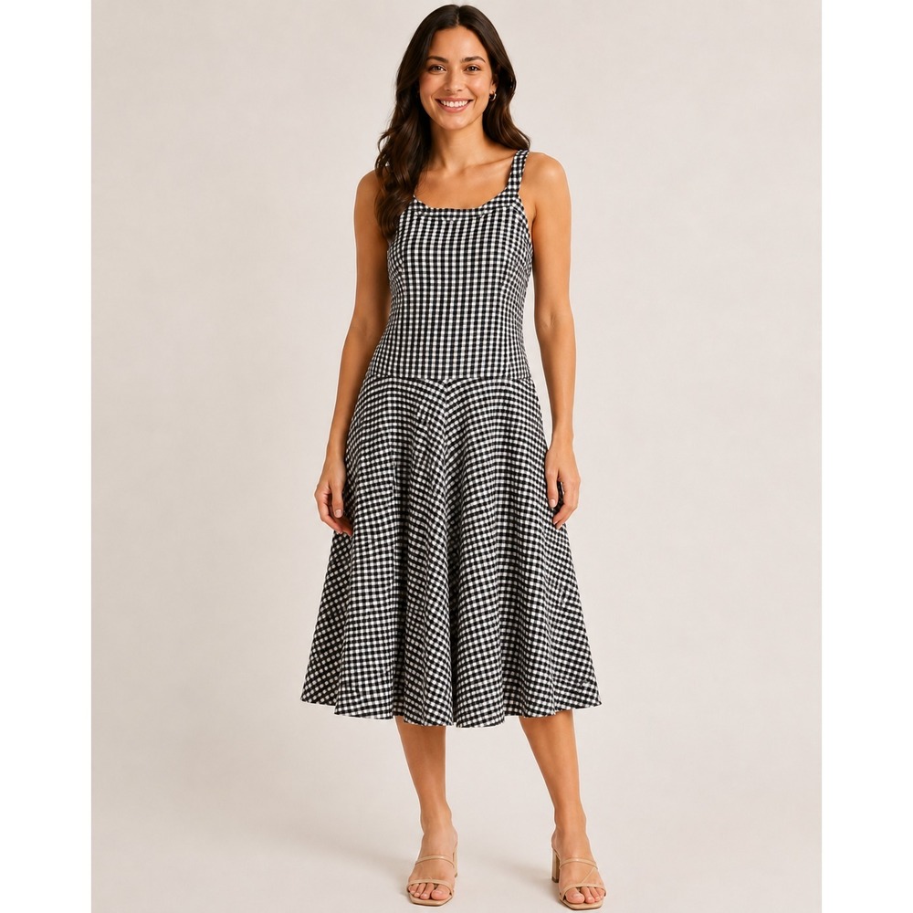 Eliza J Halter Midi Dress Womens 14 Black White Gingham Plaid Cotton Lined